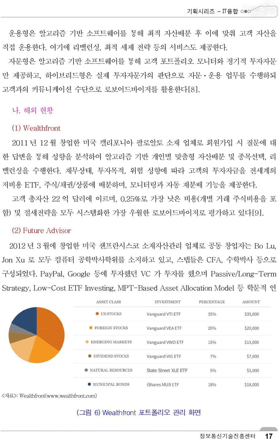 해외 현황 (1) Wealthfront 2011 년 12 월 창업한 미국 캘리포니아 팔로알토 소재 업체로 회원가입 시 질문에 대 한 답변을 통해 성향을 분석하여 알고리즘 기반 개인별 맞춤형 자산배분 및 종목선택, 리 밸런싱을 수행한다.