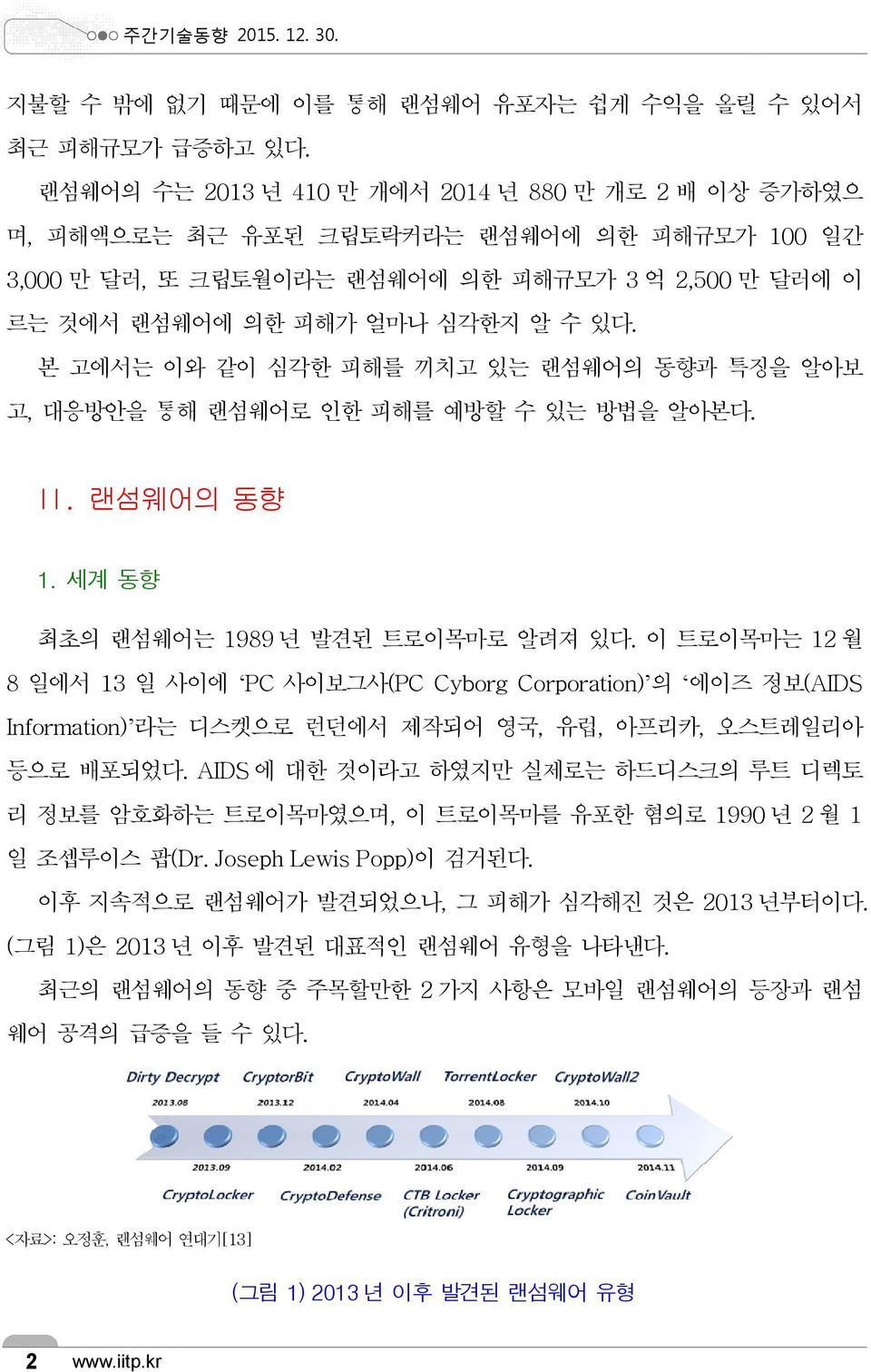 본 고에서는 이와 같이 심각한 피해를 끼치고 있는 랜섬웨어의 동향과 특징을 알아보 고, 대응방안을 통해 랜섬웨어로 인한 피해를 예방할 수 있는 방법을 알아본다. II. 랜섬웨어의 동향 1. 세계 동향 최초의 랜섬웨어는 1989 년 발견된 트로이목마로 알려져 있다.