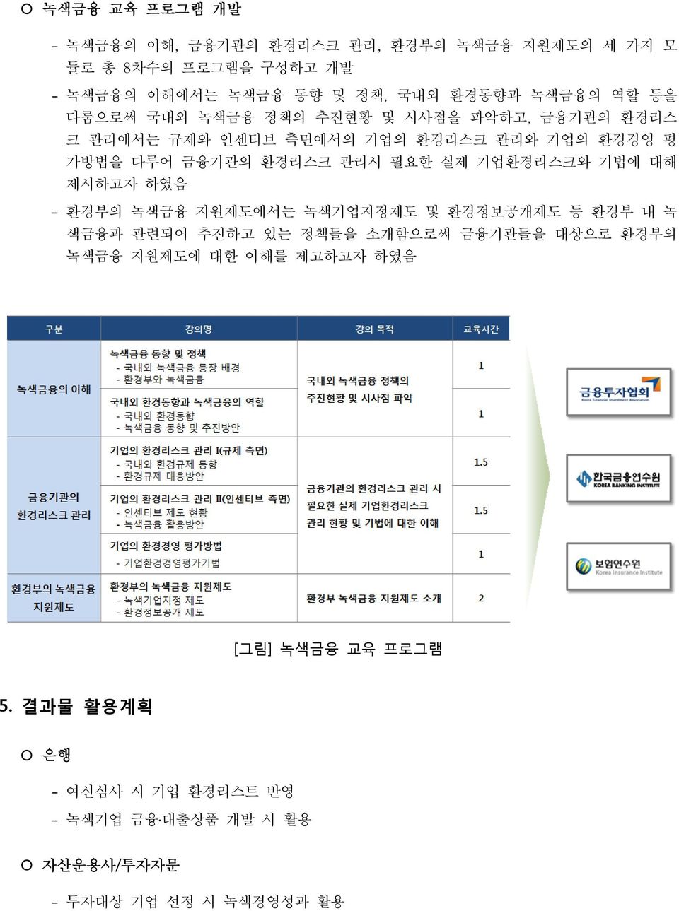 관리시 필요한 실제 기업환경리스크와 기법에 대해 제시하고자 하였음 환경부의 녹색금융 지원제도에서는 녹색기업지정제도 및 환경정보공개제도 등 환경부 내 녹 색금융과 관련되어 추진하고 있는 정책들을 소개함으로써 금융기관들을 대상으로