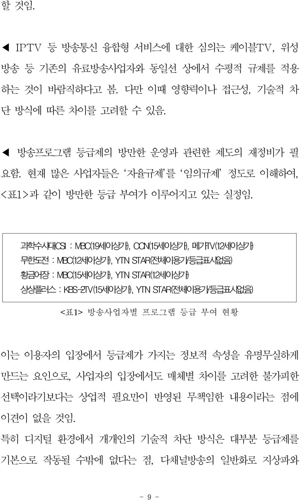 과학수사대CSI : MBC(19세이상가), OCN(15세이상가), 메가TV(12세이상가) 무한도전 : MBC(12세이상가), YTN STAR(전체이용가/등급표시없음) 황금어장 : MBC(15세이상가), YTN STAR(12세이상가) 상상플러스 : KBS-2TV(15세이상가), YTN