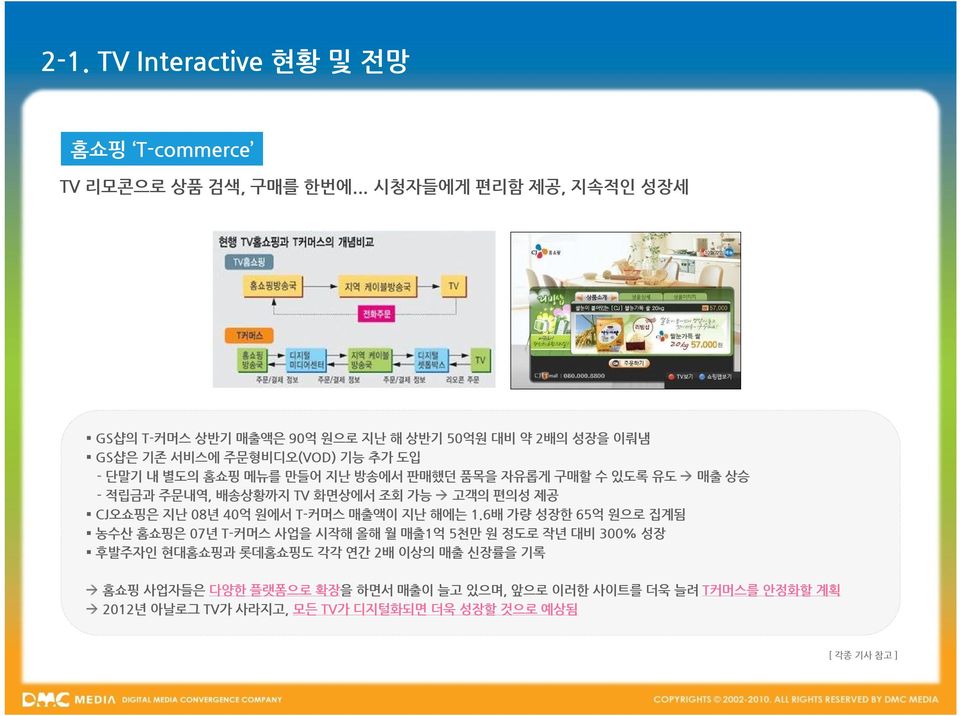 판매했던 품목을 자유롭게 구매할 수 있도록 유도 à 매출 상승 - 적립금과 주문내역, 배송상황까지 TV 화면상에서 조회 가능 à 고객의 편의성 제공 CJ오쇼핑은 지난 08년 40억 원에서 T-커머스 매출액이 지난 해에는 1.