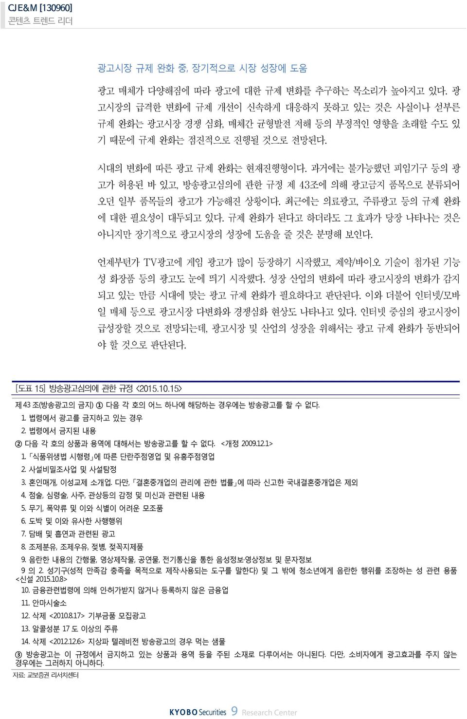 언제부턴가 TV광고에게임광고가많이등장하기시작했고, 제약 / 바이오기술이첨가된기능성화장품등의광고도눈에띄기시작했다. 성장산업의변화에따라광고시장의변화가감지되고있는만큼시대에맞는광고규제완화가필요하다고판단된다. 이와더불어인터넷 / 모바일매체등으로광고시장다변화와경쟁심화현상도나타나고있다.