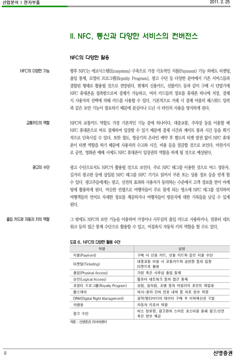 대중교통, 주차장등을이용할때 NFC 휴대폰으로바로결제하며입장할수있기때문에결제시간과게이트통과시간등을획기적으로단축시킬수있다. 또한철도, 항공기의온라인예약후별도의티켓발권없이 NFC 휴대폰이티켓역할을하기때문에사용자의수고와시간, 비용등을절감할것으로보인다. 마찬가지로공연, 영화관예매시에도 NFC 휴대폰이입장권의역할을하게될것으로예상된다.