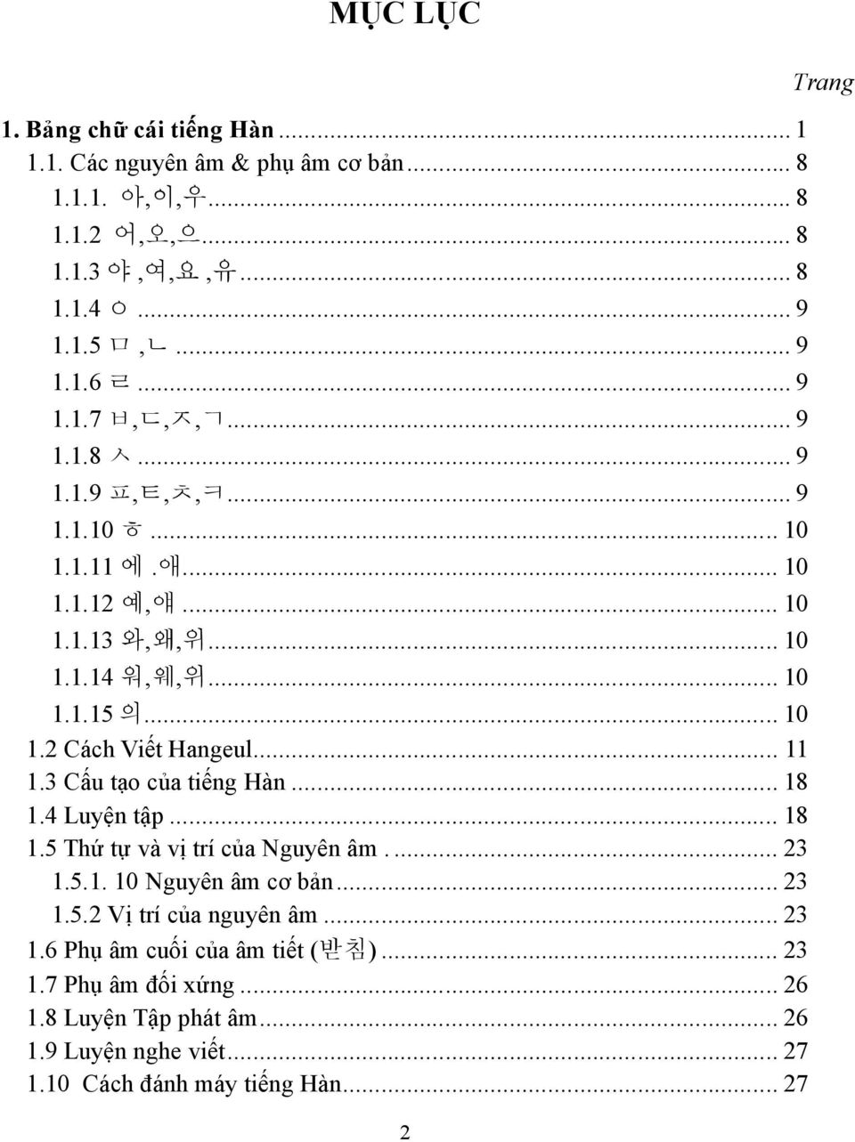 .. 11 1.3 Cấu tạo của tiếng Hàn... 18 1.4 Luyện tập... 18 1.5 Thứ tự và vị trí của Nguyên âm.... 23 1.5.1. 10 Nguyên âm cơ bản... 23 1.5.2 Vị trí của nguyên âm... 23 1.6 Phụ âm cuối của âm tiết ( 받침 ).