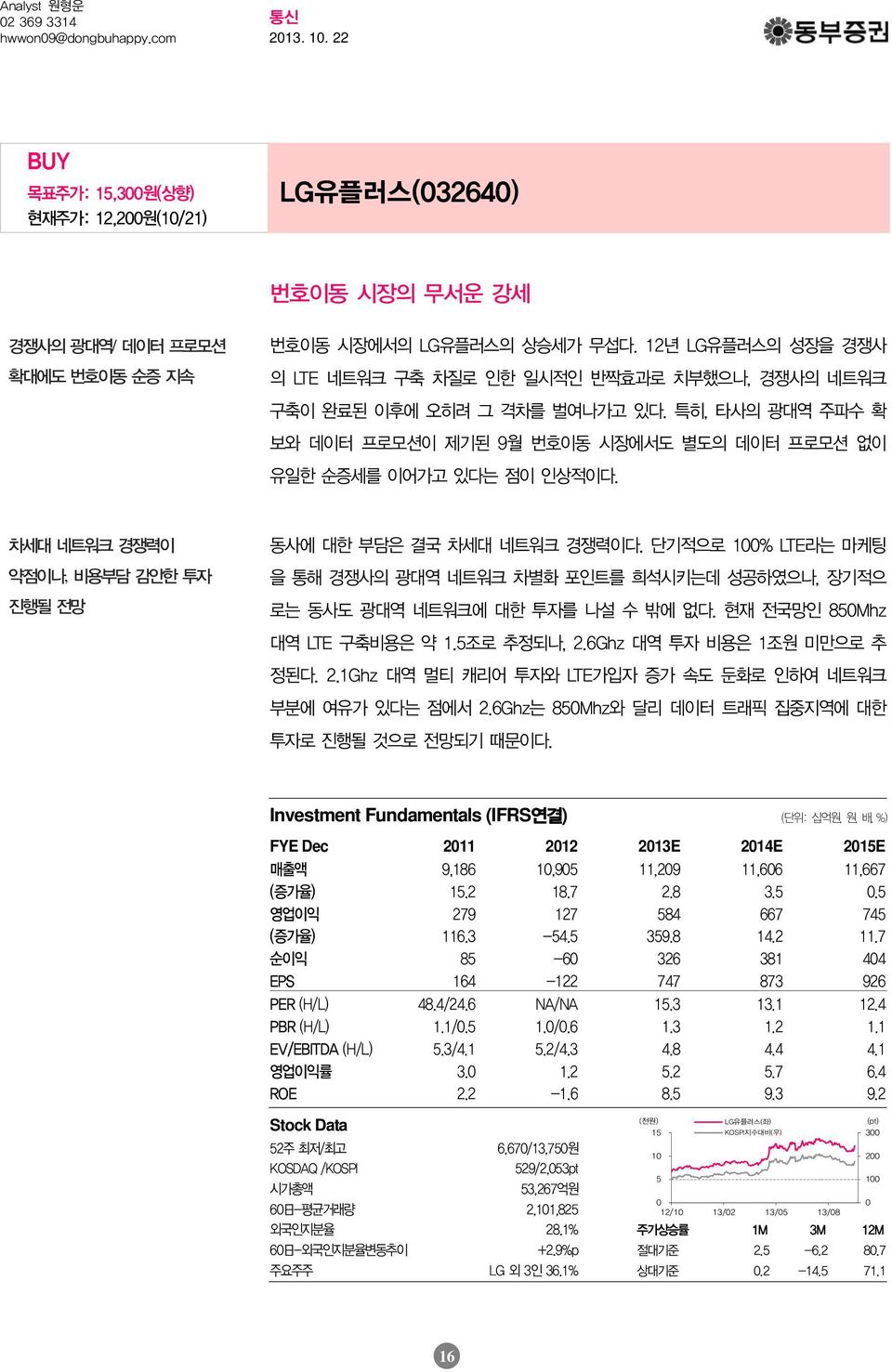 차세대네트워크경쟁력이약점이나, 비용부담감안한투자진행될전망 동사에대한부담은결국차세대네트워크경쟁력이다. 단기적으로 1% LTE라는마케팅을통해경쟁사의광대역네트워크차별화포인트를희석시키는데성공하였으나, 장기적으로는동사도광대역네트워크에대한투자를나설수밖에없다. 현재전국망인 85Mhz 대역 LTE 구축비용은약 1.5조로추정되나, 2.