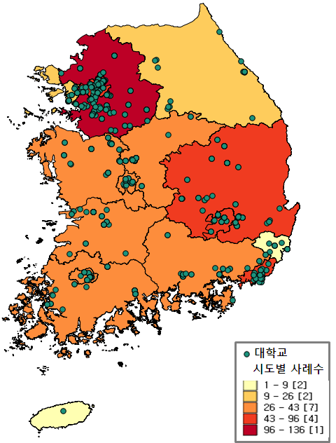 202 雇傭職業能力開發硏究 2015 年 4 月第 18 卷第 1 號 4. 분석대상의대학진학과대졸취업시지역이동특성 분석대상자의사회인구학적특성에이어고등학교, 대학교, 직장의지역적분포가어떠한지살펴보면 [ 그림 2] 와같다.