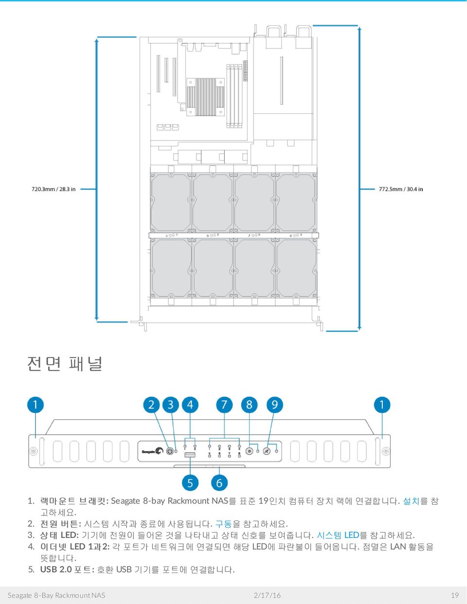 상태 LED: 기기에전원이들어온것을나타내고상태신호를보여줍니다. 시스템 LED를참고하세요. 4.