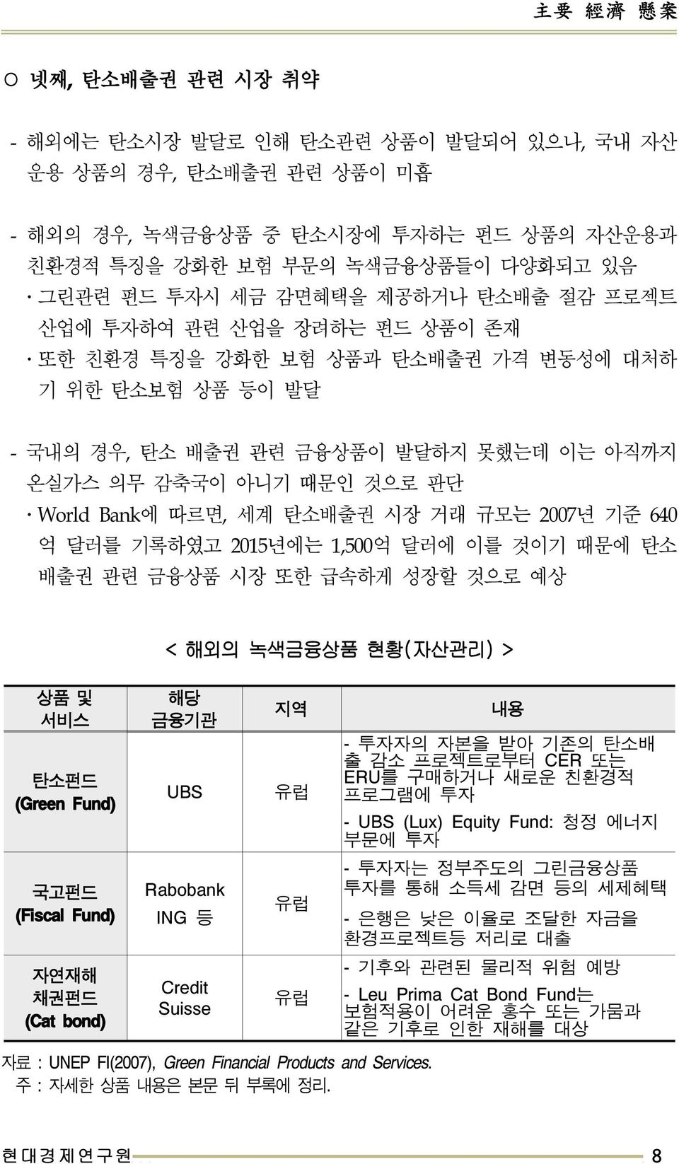 억달러에이를것이기때문에탄소배출권관련금융상품시장또한급속하게성장할것으로예상 < 해외의녹색금융상품현황 ( 자산관리 ) > 상품및서비스 탄소펀드 (Green Fund) 해당금융기관 UBS 지역 - 투자자의자본을받아기존의탄소배출감소프로젝트로부터 CER 또는 ERU 를구매하거나새로운친환경적프로그램에투자 - UBS (Lux) Equity Fund: 청정에너지부문에투자