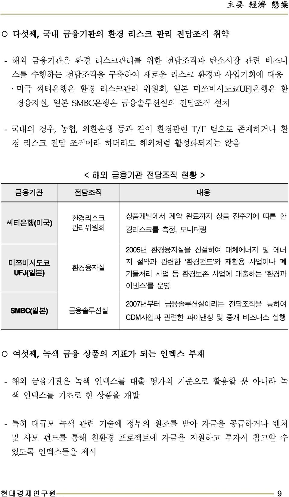 미쯔비시도쿄 UFJ( 일본 ) SMBC( 일본 ) 환경융자실 금융솔루션실 2005 년환경융자실을신설하여대체에너지및에너지절약과관련한 환경펀드 와재활용사업이나폐기물처리사업등환경보존사업에대출하는 환경파이낸스 를운영 2007 년부터금융솔루션실이라는전담조직을통하여