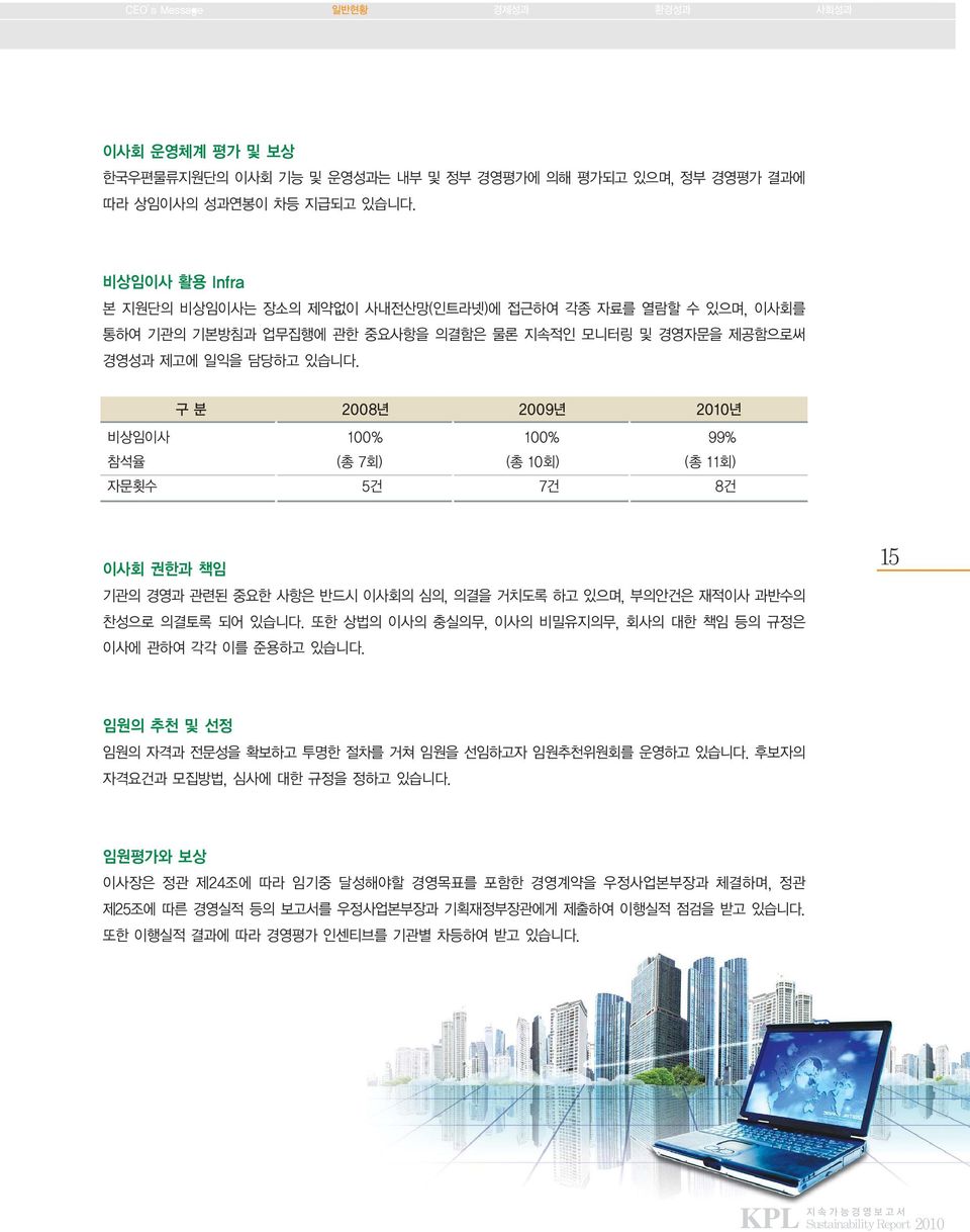 구 분 2008년 2009년 2010년 비상임이사 100% 100% 99% 참석율 (총 7회) (총 10회) (총 11회) 자문횟수 5건 7건 8건 이사회 권한과 책임 기관의 경영과 관련된 중요한 사항은 반드시 이사회의 심의, 의결을 거치도록 하고 있으며, 부의안건은 재적이사 과반수의 찬성으로 의결토록 되어 있습니다.