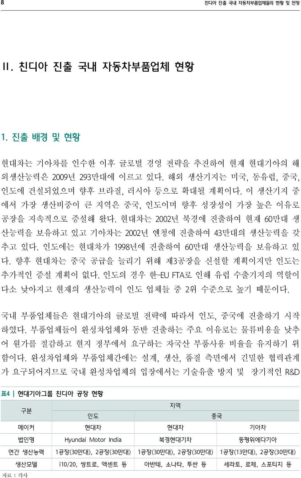 향후 현대차는 중국 공급을 늘리기 위해 제3공장을 신설할 계획이지만 인도는 추가적인 증설 계획이 없다. 인도의 경우 한-EU FTA로 인해 유럽 수출기지의 역할이 다소 낮아지고 현재의 생산능력이 인도 업체들 중 2위 수준으로 높기 때문이다. 국내 부품업체들은 현대기아의 글로벌 전략에 따라서 인도, 중국에 진출하기 시작 하였다.