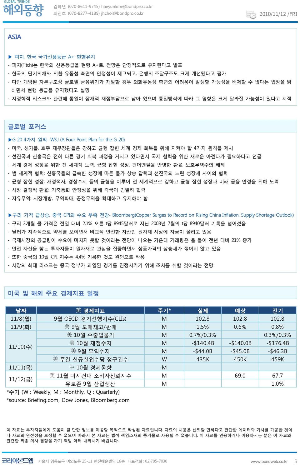 원칙을 제시 선진국과 신흥국은 전혀 다른 경기 회복 과정을 거치고 있다면서 국제 협력을 위한 새로운 아젠다가 필요하다고 언급 세계 경제 성장을 위한 전 세계적 노력, 균형 잡힌 성장, 펀더멘털을 반영한 환율, 보호무역주의 배제 범 세계적 협력: 신흥국들의 급속한 성장에 따른 물가 상승 압력과 선진국의 느린 성장세 사이의 협력 균형 잡힌 성장: 재정적자,