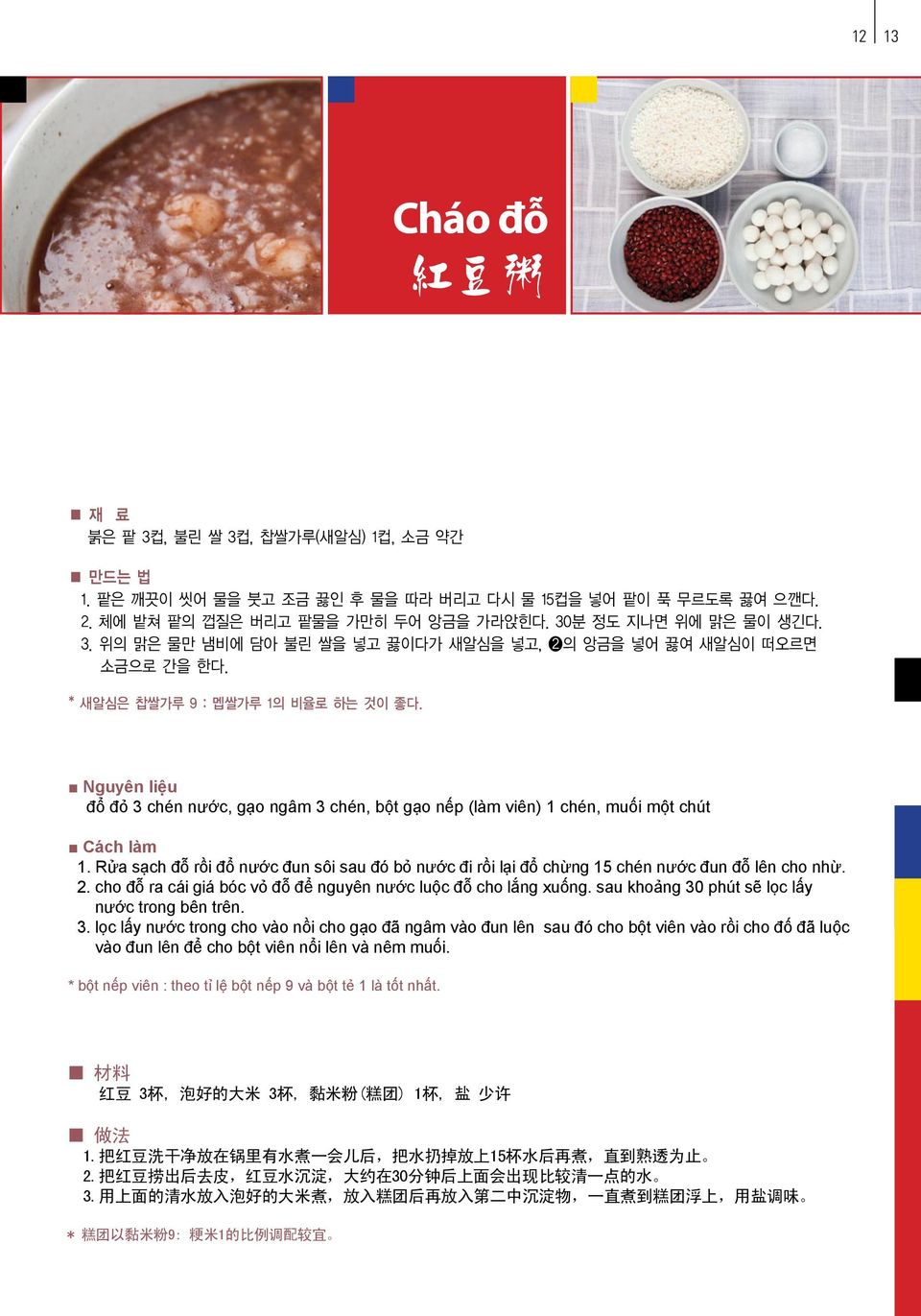 Nguyên liệu đổ đỏ 3 chén nước, gạo ngâm 3 chén, bột gạo nếp (làm viên) 1 chén, muối một chút Cách làm 1.