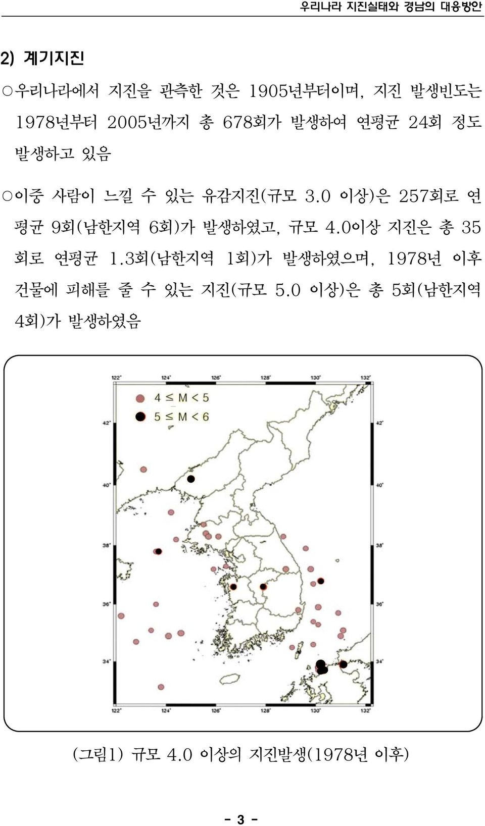 0 이상)은 257회로 연 평균 9회(남한지역 6회)가 발생하였고, 규모 4.0이상 지진은 총 35 회로 연평균 1.