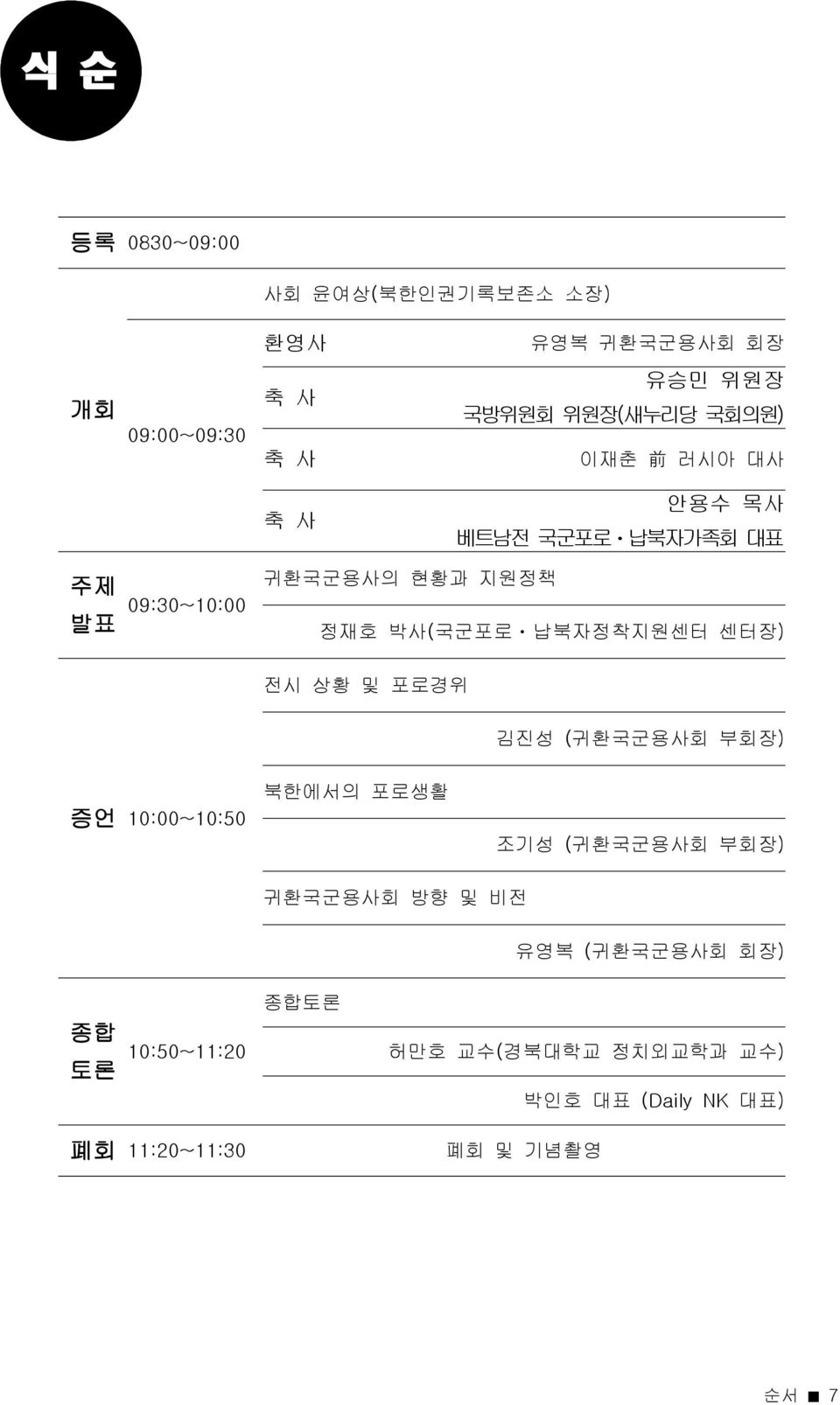 박사(국군포로ㆍ납북자정착지원센터 센터장) 전시 상황 및 포로경위 김진성 (귀환국군용사회 부회장) 증언 10:00~10:50 북한에서의 포로생활 조기성 (귀환국군용사회 부회장) 귀환국군용사회