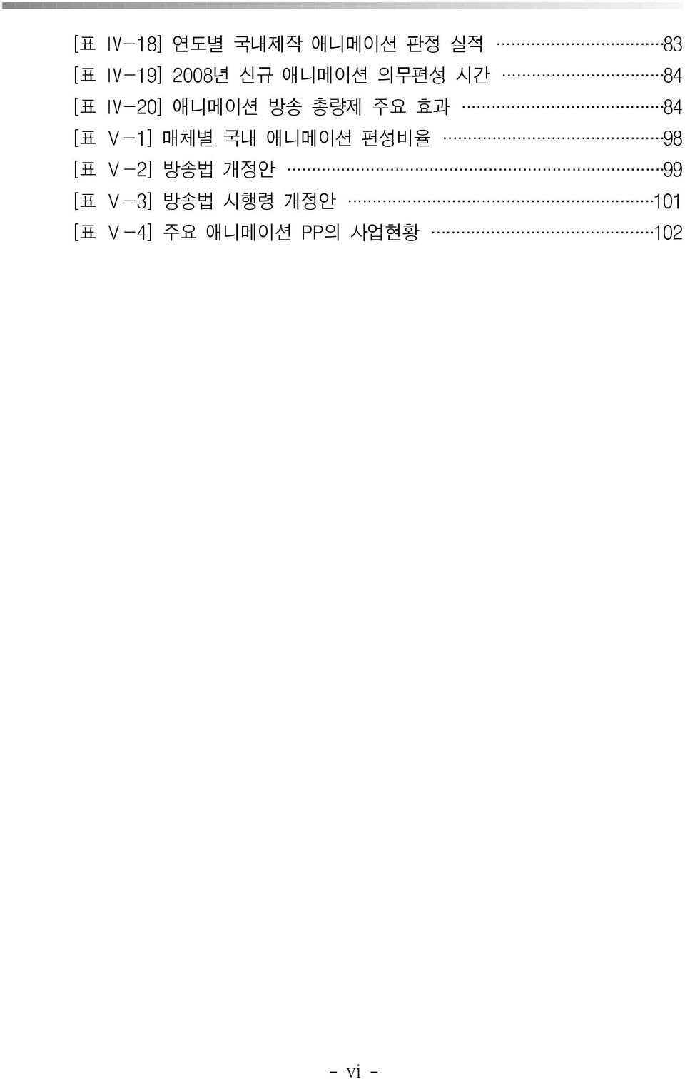 Ⅴ-1] 매체별 국내 애니메이션 편성비율 98 [표 Ⅴ-2] 방송법 개정안 99 [표