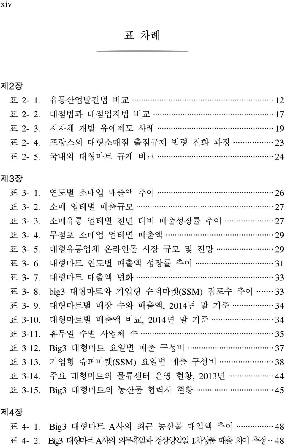 big3 대형마트와 기업형 슈퍼마켓(SSM) 점포수 추이 33 표 3-9. 대형마트별 매장 수와 매출액, 2014년 말 기준 34 표 3-10. 대형마트별 매출액 비교, 2014년 말 기준 34 표 3-11. 휴무일 수별 사업체 수 35 표 3-12. Big3 대형마트 요일별 매출 구성비 37 표 3-13.