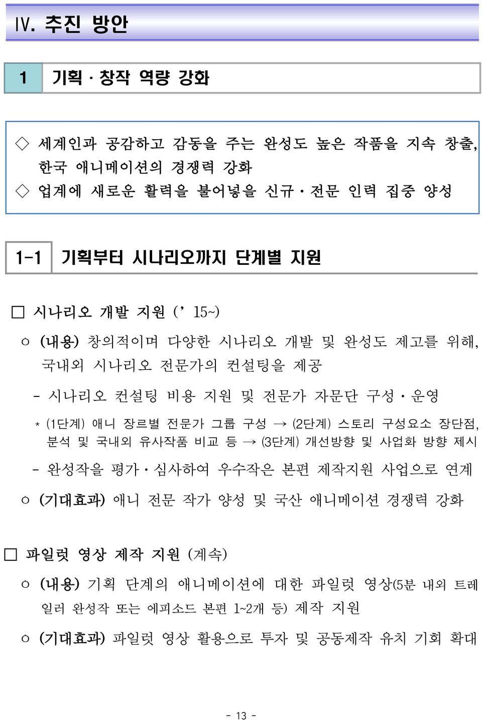 (2단계) 스토리 구성요소 장단점, 분석 및 국내외 유사작품 비교 등 (3단계) 개선방향 및 사업화 방향 제시 - 완성작을 평가 심사하여 우수작은 본편 제작지원 사업으로 연계 ㅇ (기대효과) 애니 전문 작가 양성 및 국산 애니메이션 경쟁력