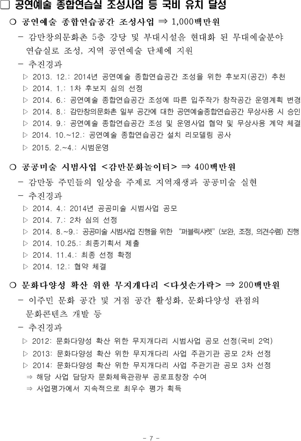 0 2014. 4.: 2014년 공공미술 시범사업 공모 2014. 7.: 2차 심의 선정 2014. 8.~9.: 공공미술 시범사업 진행을 위한 퍼블릭샤렛 ( 보완, 조정, 의견수렴 ) 진행 2014. 10.25.: 2014. 11.4.: 2014. 12.