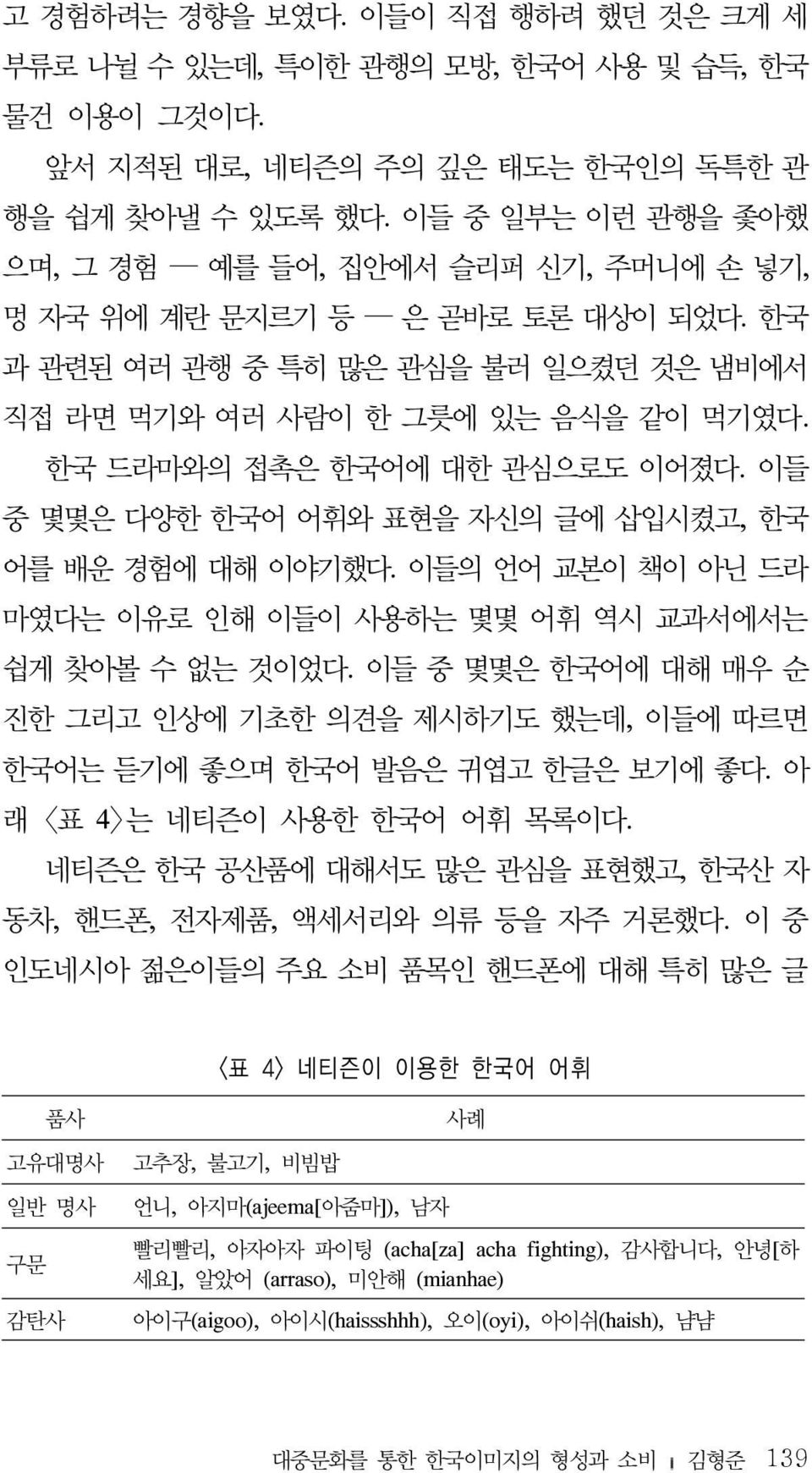 대해 이야기했다 이들의 언어 교본이 책이 아닌 드라 마였다는 이유로 인해 이들이 사용하는 몇몇 어휘 역시 교과서에서는 쉽게 찾아볼 수 없는 것이었다 이들 중 몇몇은 한국어에 대해 매우 순 진한 그리고 인상에 기초한 의견을 제시하기도 했는데 이들에 따르면 한국어는 듣기에 좋으며 한국어 발음은 귀엽고 한글은 보기에 좋다 아 래 <표 >는 네티즌이 사용한
