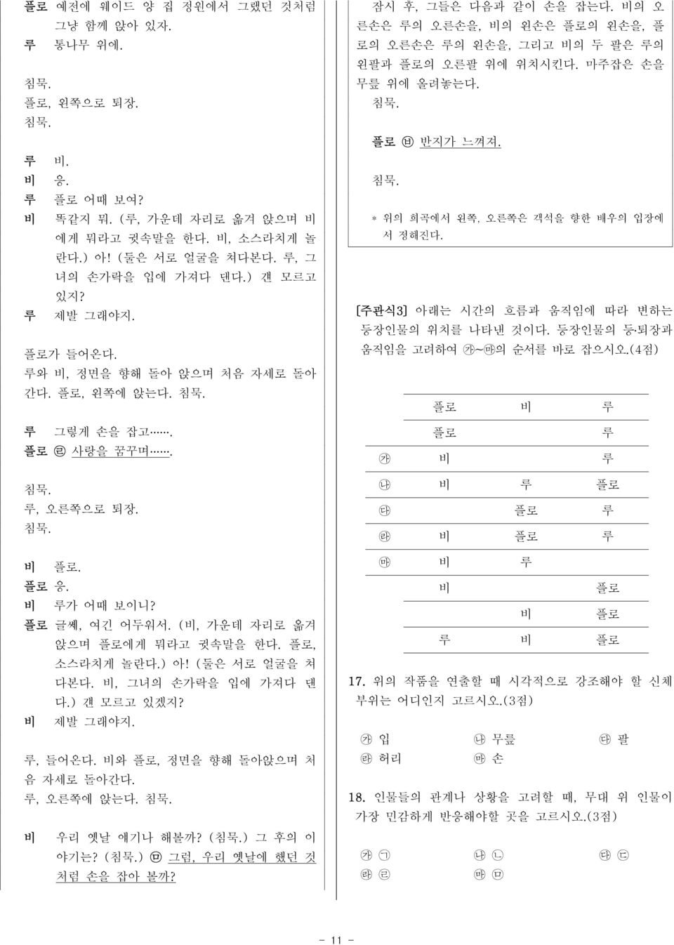 ( 비, 가운데 자리로 옮겨 비 앉으며 플로에게 뭐라고 귓속말을 한다. 플로, 소스라치게 놀란다.) 아! ( 둘은 서로 얼굴을 쳐 다본다. 비, 그녀의 손가락을 입에 가져다 댄 다.) 걘 모르고 있겠지? 제발 그래야지. 루, 들어온다. 비와 플로, 정면을 향해 돌아앉으며 처 음 자세로 돌아간다. 루, 오른쪽에 앉는다. 침묵. 비 우리 옛날 얘기나 해볼까?