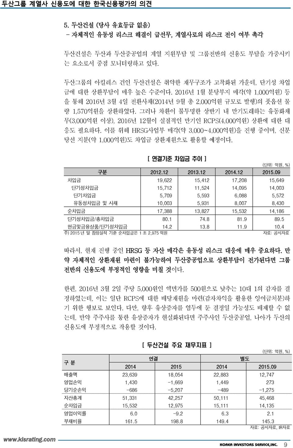 그러나 차환이 불투명한 상반기 내 만기도래하는 유동화채 무(3,000억원 이상), 2016년 12월이 실질적인 만기인 RCPS(4,000억원) 상환에 대한 대 응도 필요하다. 이를 위해 HRSG사업부 매각(약 3,000~4,000억원)을 진행 중이며, 신분 당선 지분(약 1,000억원)도 차입금 상환재원으로 활용할 예정이다.