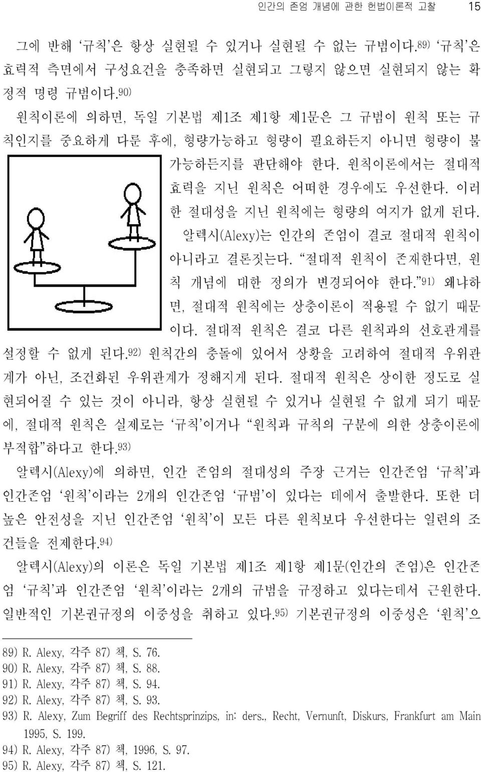 알렉시(Alexy)는 인간의 존엄이 결코 절대적 원칙이 아니라고 결론짓는다. 절대적 원칙이 존재한다면, 원 칙 개념에 대한 정의가 변경되어야 한다. 91) 왜냐하 면, 절대적 원칙에는 상충이론이 적용될 수 없기 때문 이다. 절대적 원칙은 결코 다른 원칙과의 선호관계를 설정할 수 없게 된다.