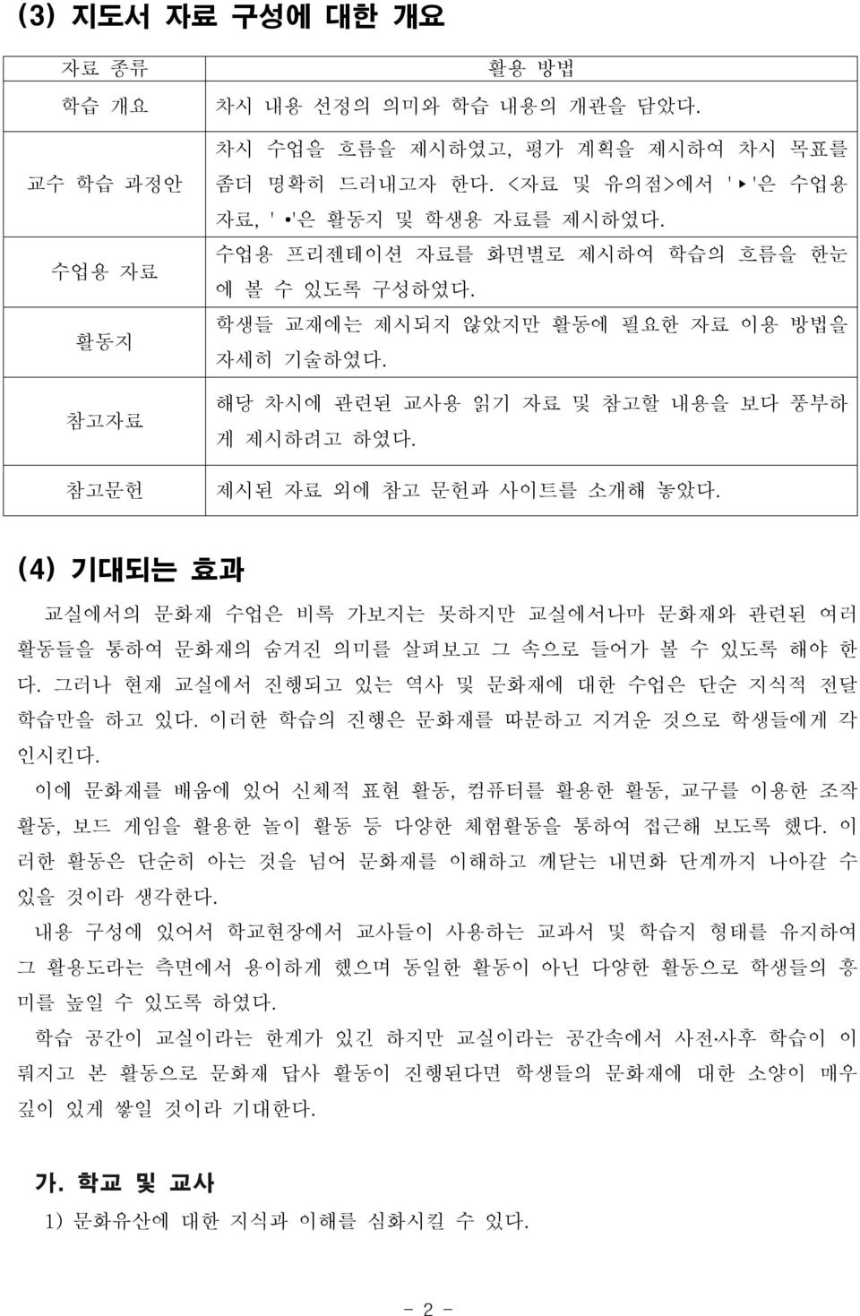 (4) 기대되는효과 교실에서의문화재수업은비록가보지는못하지만교실에서나마문화재와관련된여러 활동들을통하여문화재의숨겨진의미를살펴보고그속으로들어가볼수있도록해야한 다. 그러나현재교실에서진행되고있는역사및문화재에대한수업은단순지식적전달 학습만을하고있다. 이러한학습의진행은문화재를따분하고지겨운것으로학생들에게각 인시킨다.