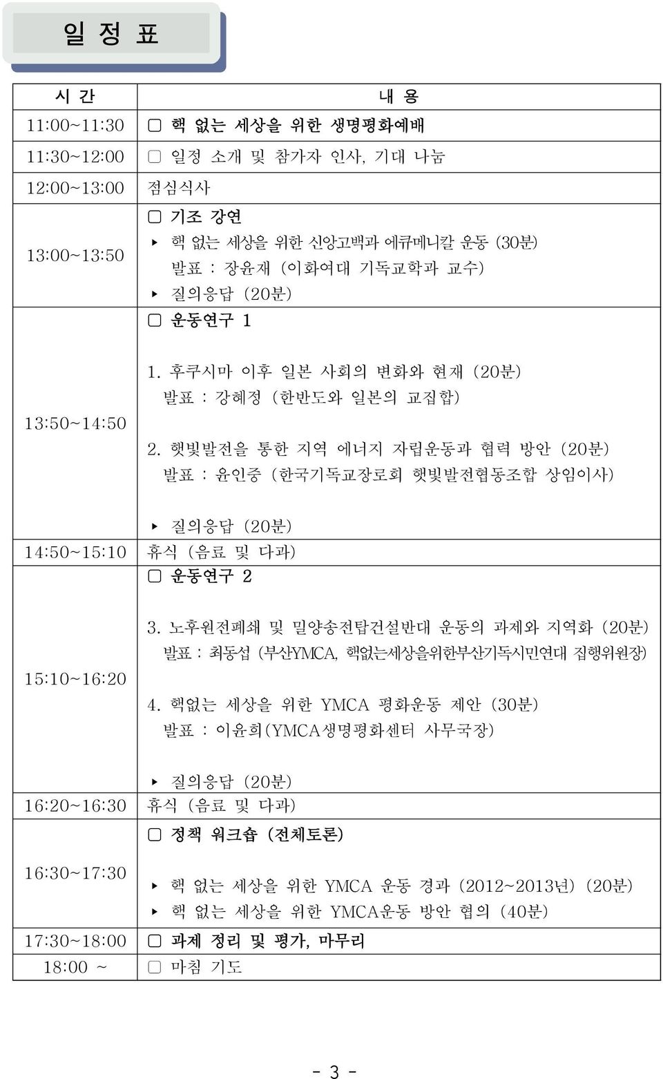 햇빛발전을통한지역에너지자립운동과협력방안 (20분) 발표 : 윤인중 ( 한국기독교장로회햇빛발전협동조합상임이사 ) 질의응답 (20 분 ) 14:50~15:10 휴식 ( 음료및다과 ) 운동연구 2 15:10~16:20 3.