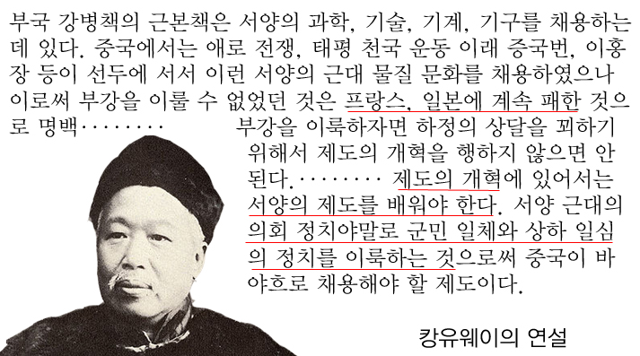 4 변법자강운동 청 프전쟁과청 일전쟁의패배로양무운동은그한계를드러냈다. 캉유웨이, 양치차오등변법파세력은양무운동의실패원인으로서양의과학기술만수용하려했던중체서용의원칙의한계를들었다. 그리하여이들은러시아나일본의메이지유신을모델로입헌군주제를추구하고신분제도를철폐하는등서양의정치 사회제도까지수용하려하였다.