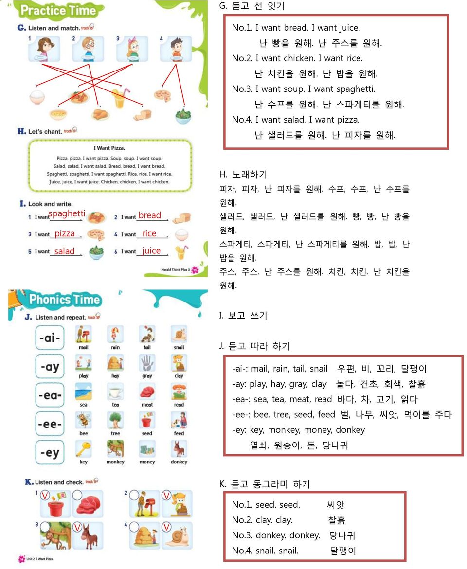 주스, 주스, 난 주스를 원해. 치킨, 치킨, 난 치킨을 원해. I. 보고 쓰기 J.