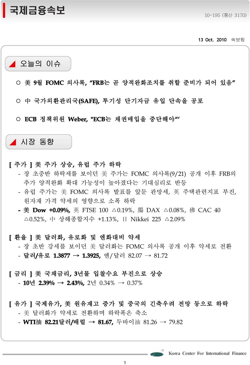 보이던 美 주가는 FOMC 의사록(9/21)공개 이후 FRB의 추가 양적완화 확대 가능성이 높아졌다는 기대심리로 반등 -유럽 주가는 美 FOMC 의사록 발표를 앞둔 관망세, 英 주택관련지표 부진, 원자재 가격 약세의 영향으로 소폭 하락 - 美 Dow +0.09%, 英 FTSE100 0.