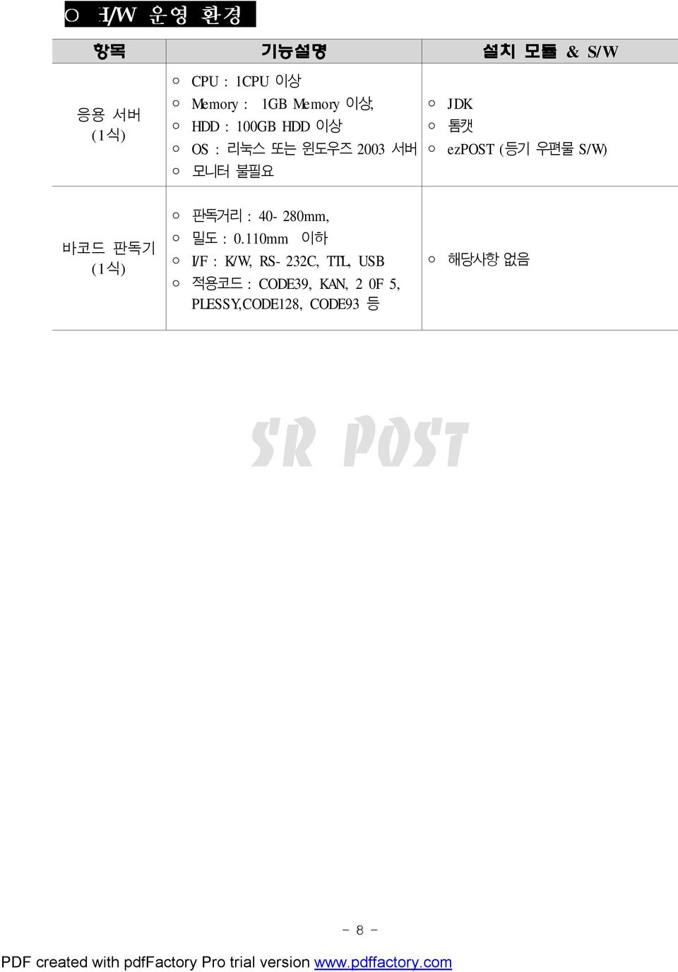 등기우편물 S/W) 바코드 판독기 (1 식) 판독거리 :40280mm, 밀도 :0.