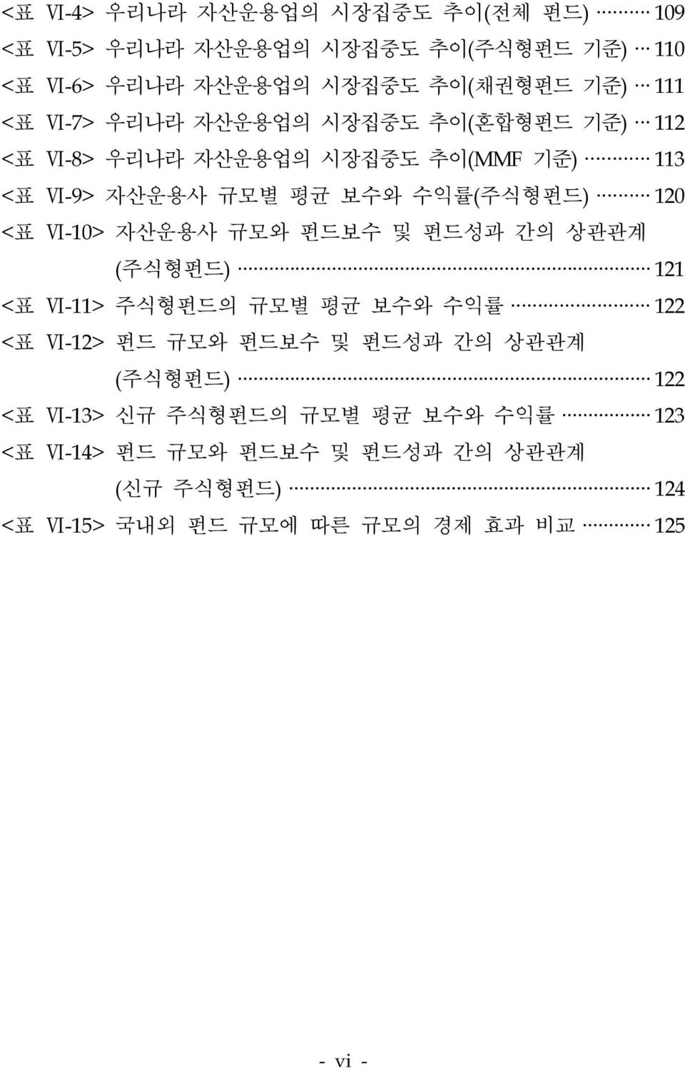 자산운용사 규모와 펀드보수 및 펀드성과 간의 상관관계 (주식형펀드) 121 <표 Ⅵ-11> 주식형펀드의 규모별 평균 보수와 수익률 122 <표 Ⅵ-12> 펀드 규모와 펀드보수 및 펀드성과 간의 상관관계 (주식형펀드) 122 <표