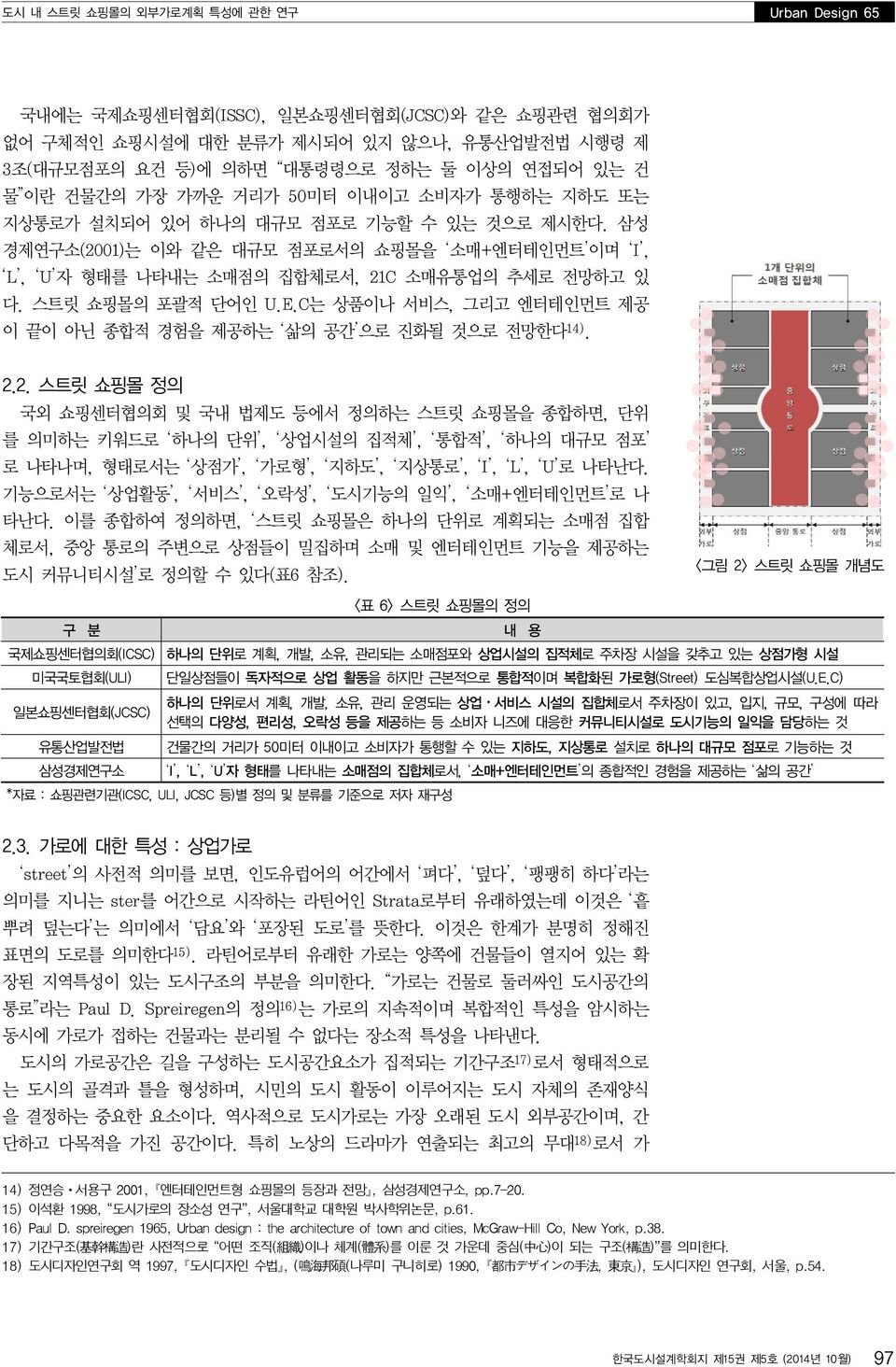 삼성 경제연구소 (2001) 는 이와 같은 대규모 점포로서의 쇼핑몰을 소매 + 엔터테인먼트 이며 I, L, U 자 형태를 나타내는 소매점의 집합체로서, 21C 소매유통업의 추세로 전망하고 있 다. 스트릿 쇼핑몰의 포괄적 단어인 U.E.