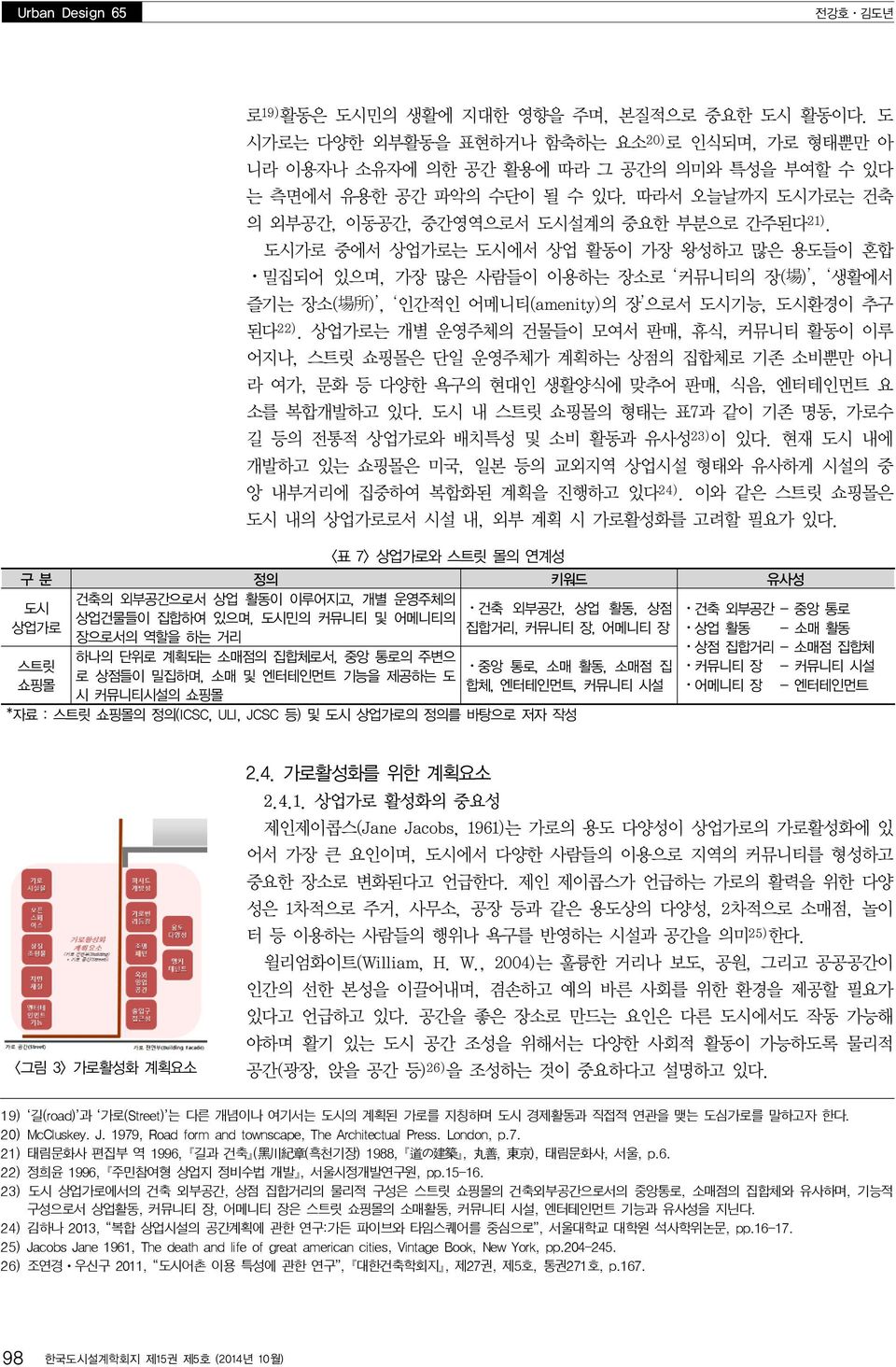 도시가로 중에서 상업가로는 도시에서 상업 활동이 가장 왕성하고 많은 용도들이 혼합 밀집되어 있으며, 가장 많은 사람들이 이용하는 장소로 커뮤니티의 장( 場 ), 생활에서 즐기는 장소 ( 場 所 ), 인간적인 어메니티 (amenity) 의 장으로서 도시기능, 도시환경이 추구 된다 22).