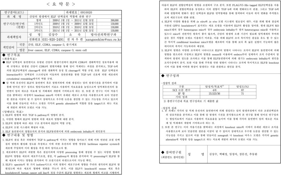 kr 국문 간암, ELF, CDK4, caspase-3, 줄기세포 영문 liver cancer, ELF, CDK4, caspase-3, stem cell 연구목표 <최종목표> ELF 단백질의 돌연변이로 유발된 간암의 발생기전에서 ELF와 CDK4의 생화학적인 상호작용에 대 해 규명하고 발생된 간암이 CDK4의 발현저해를 통해 암이 억제되는 과정을