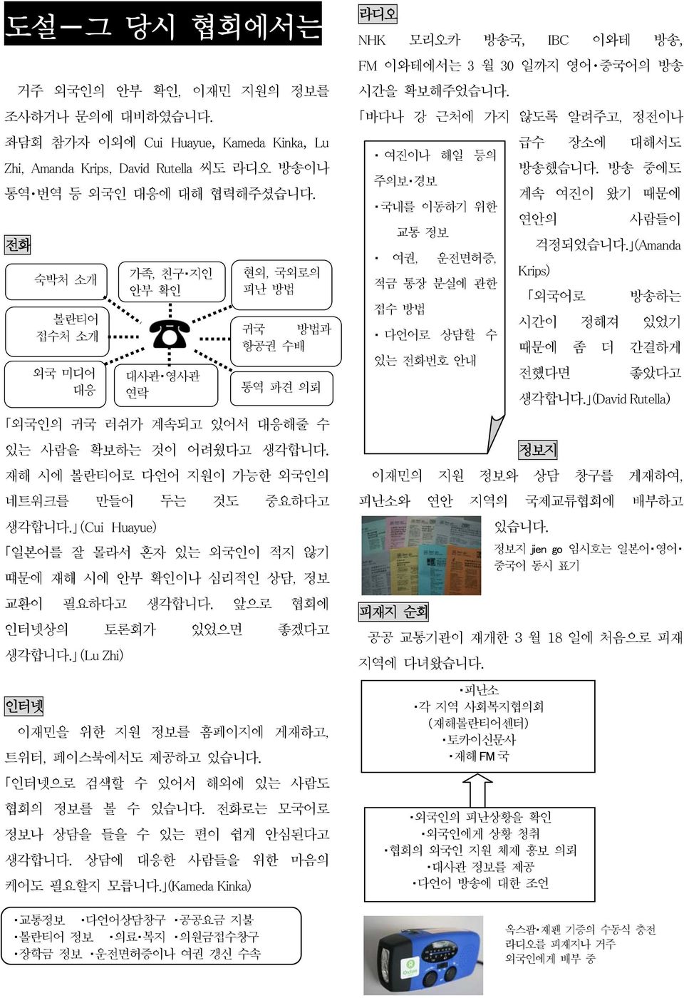 (Cui Huayue) 일본어를 잘 몰라서 혼자 있는 외국인이 적지 않기 떄문에 재해 시에 안부 확인이나 심리적인 상담, 정보 교환이 필요하다고 생각합니다. 앞으로 협회에 인터넷상의 토론회가 있었으면 좋겠다고 생각합니다.