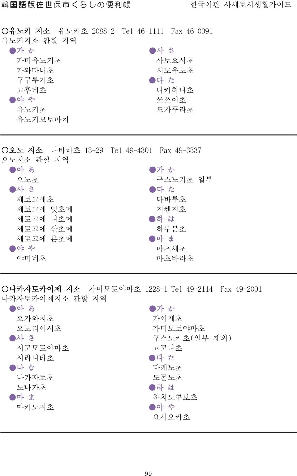 지켄지초 세토고에 니초메 하 は 세토고에 산초메 하루분초 세토고에 욘초메 마 ま 야 や 마츠세초 야미네초 마츠바라초 나카자토카이제 지소 가미모토야마초 1228-1 Tel 49-2114 Fax 49-2001