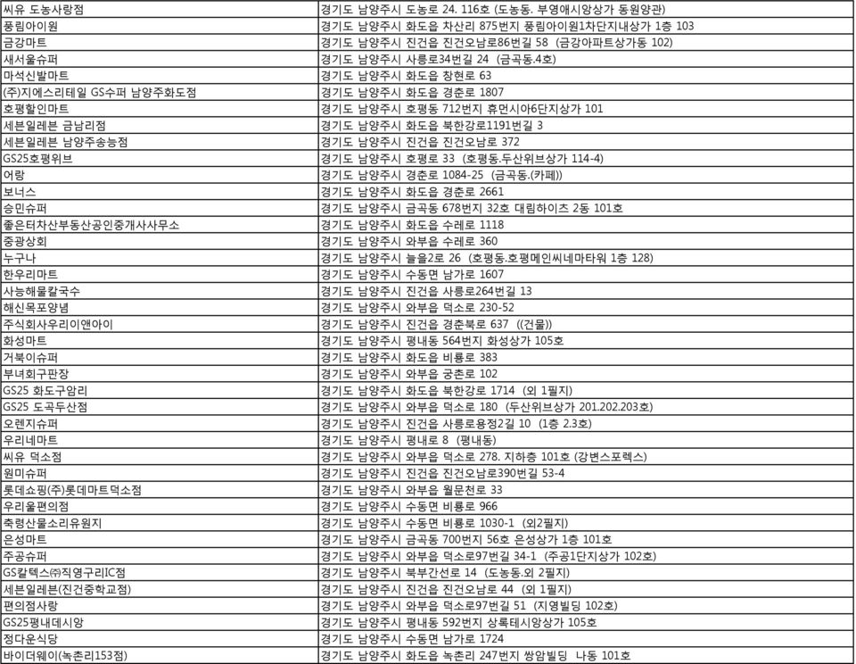 경기도 남양주시 호평로 33 (호평동.두산위브상가 114-4) 어랑 경기도 남양주시 경춘로 1084-25 (금곡동.