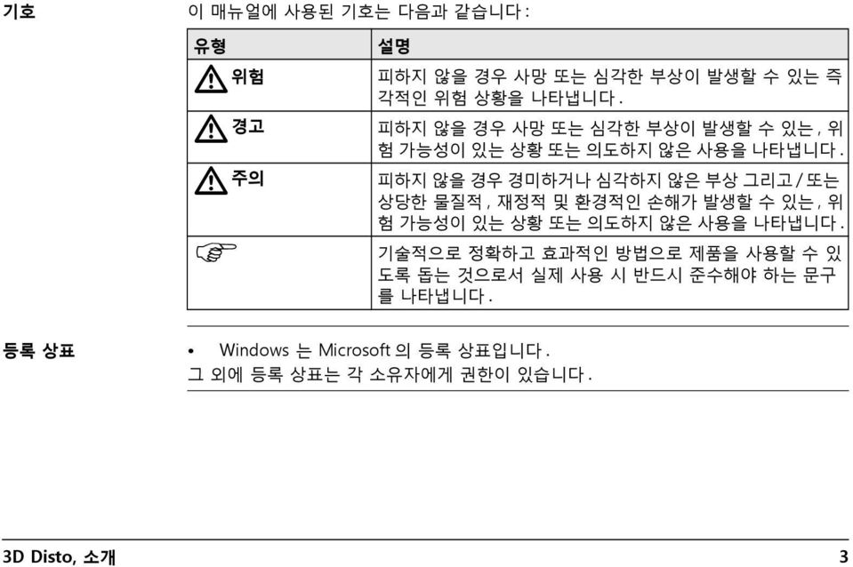 피하지 않을 경우 경미하거나 심각하지 않은 부상 그리고 / 또는 상당한 물질적, 재정적 및 환경적인 손해가 발생할 수 있는, 위 험 가능성이 있는 상황 또는 의도하지 않은 사용을 나타냅니다.