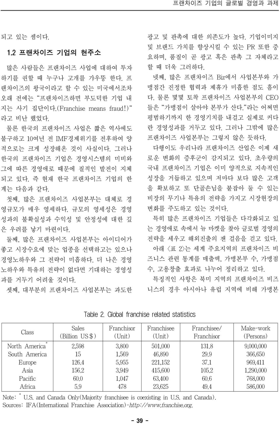 첫째, 많은 프랜차이즈 사업본부는 대체로 경 영규모가 매우 영세하다. 규모의 영세성은 경영 성과의 불확실성과 수익성 및 안정성에 대한 깊 은 우려를 낳기 마련이다. 둘째, 많은 프랜차이즈 사업본부는 아이디어가 좋고 시장수요에 맞는 업종을 선택하고는 있으나 경영노하우와 그 전략이 미흡하다.