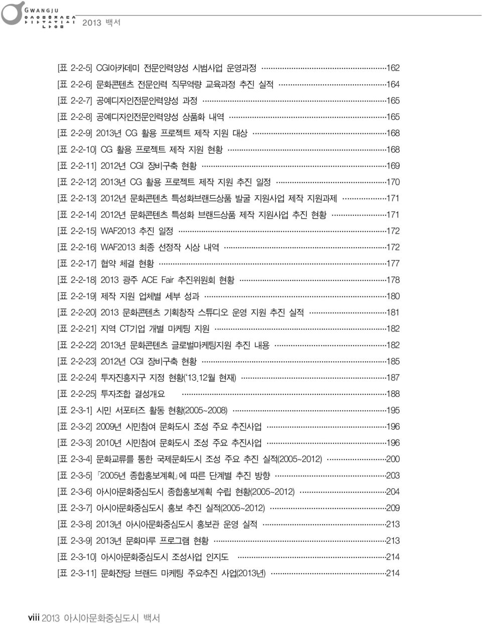 지원사업 추진 현황 171 [표 2-2-15] WAF2013 추진 일정 172 [표 2-2-16] WAF2013 최종 선정작 시상 내역 172 [표 2-2-17] 협약 체결 현황 177 [표 2-2-18] 2013 광주 ACE Fair 추진위원회 현황 178 [표 2-2-19] 제작 지원 업체별 세부 성과 180 [표 2-2-20] 2013 문화콘텐츠