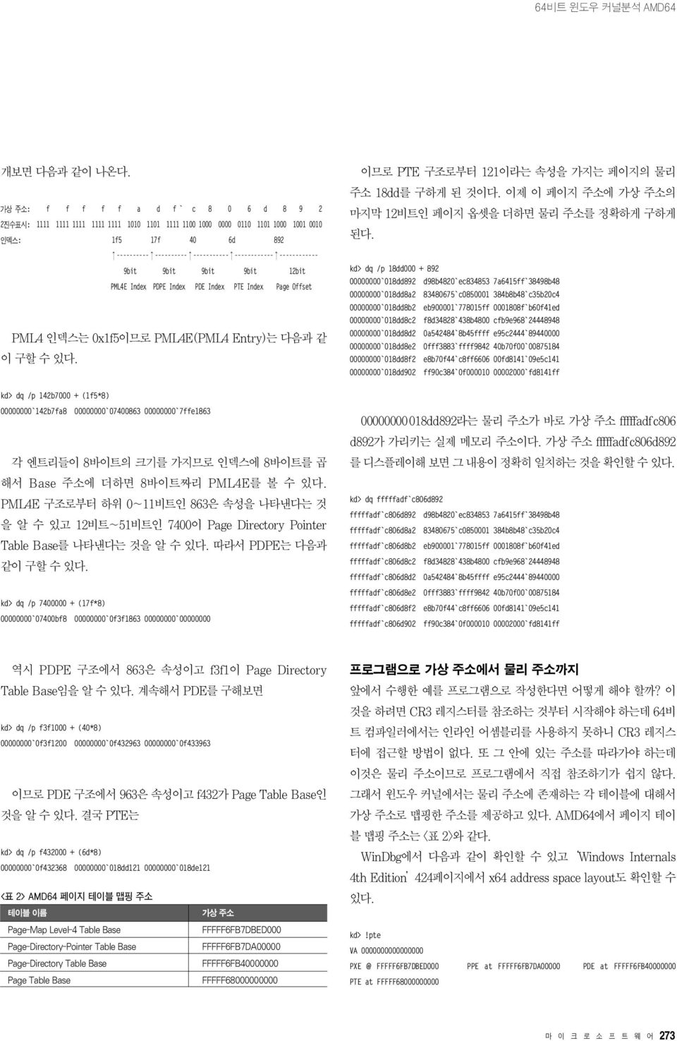 ------------ 9bit 9bit 9bit 9bit 12bit PML4E Index PDPE Index PDE Index PTE Index Page Offset PML4 인덱스는 0x1f5이므로 PML4E(PML4 Entry)는 다음과 같 이구할수있다.