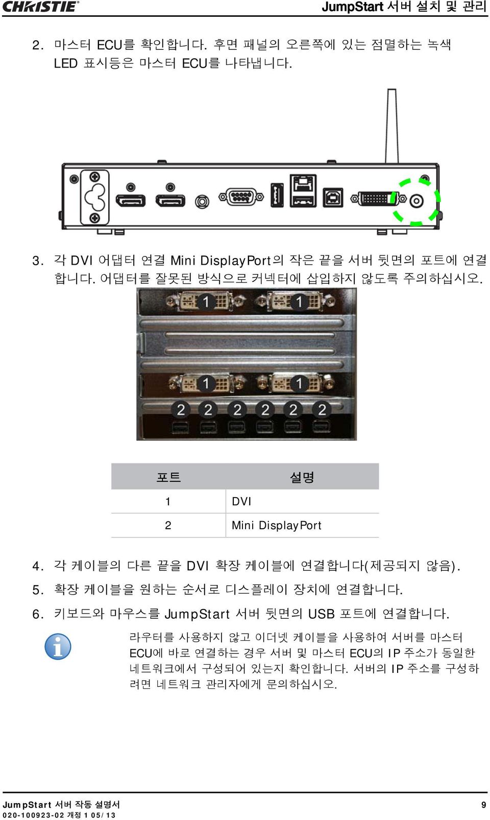 포트 1 DVI 설명 2 Mini DisplayPort 4. 각 케이블의 다른 끝을 DVI 확장 케이블에 연결합니다(제공되지 않음). 5. 확장 케이블을 원하는 순서로 디스플레이 장치에 연결합니다. 6.