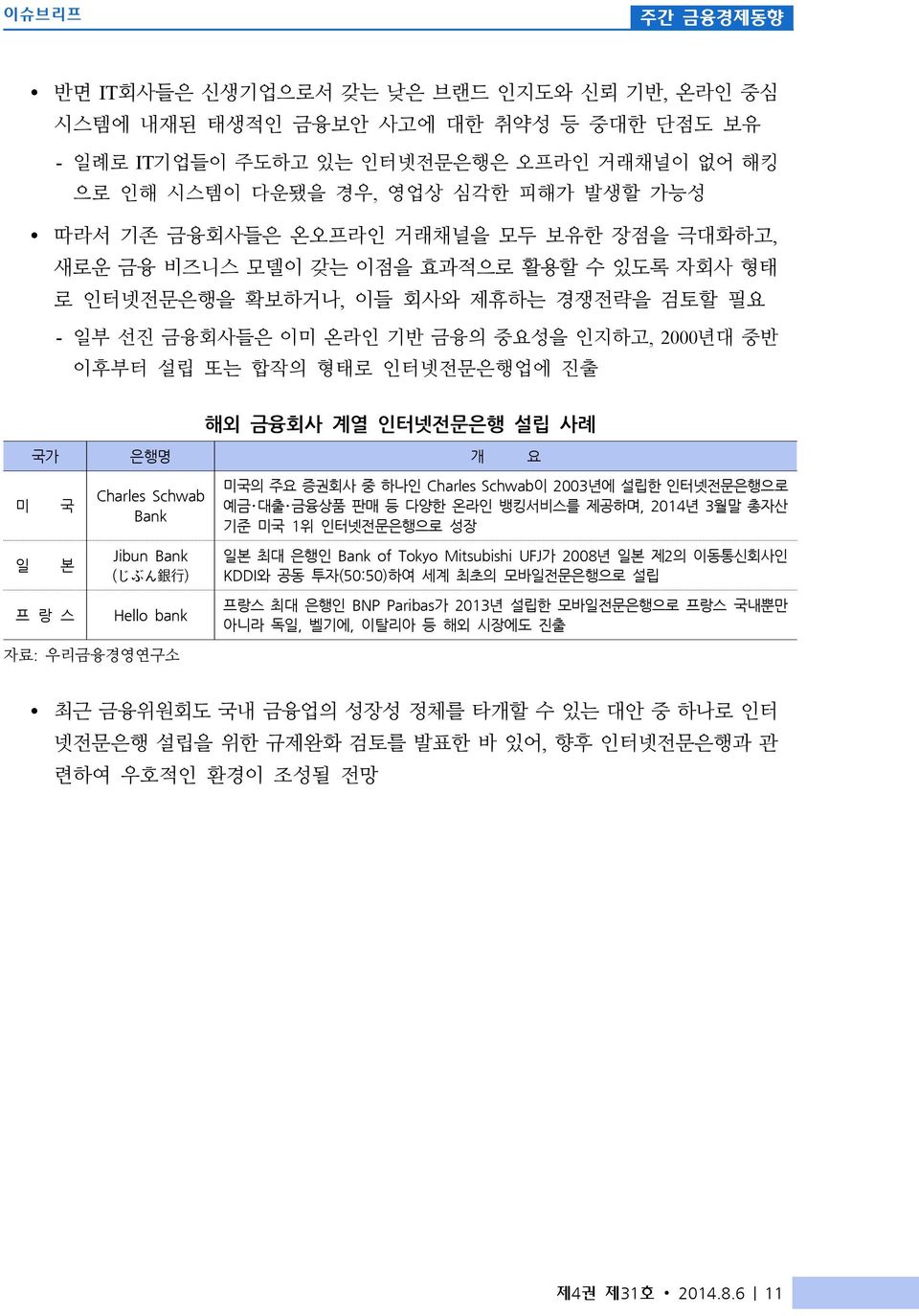 형태로 인터넷전문은행업에 진출 해외 금융회사 계열 인터넷전문은행 설립 사례 국가 은행명 개 요 미 국 Charles Schwab Bank 미국의 주요 증권회사 중 하나인 Charles Schwab이 2003년에 설립한 인터넷전문은행으로 예금 대출 금융상품 판매 등 다양한 온라인 뱅킹서비스를 제공하며, 2014년 3월말 총자산 기준 미국 1위