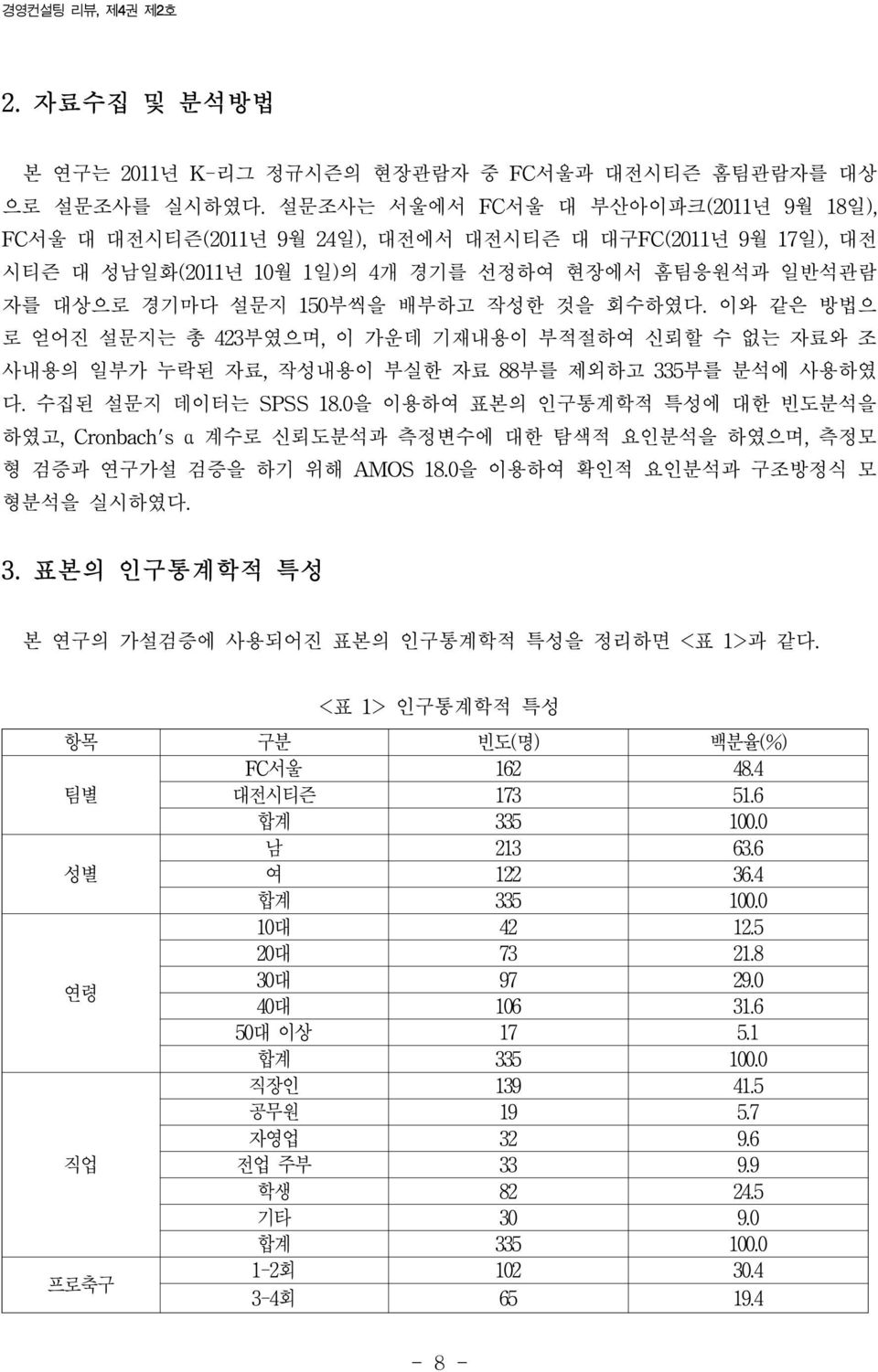 회수하였다. 이와 같은 방법으 로 얻어진 설문지는 총 423부였으며, 이 가운데 기재내용이 부적절하여 신뢰할 수 없는 자료와 조 사내용의 일부가 누락된 자료, 작성내용이 부실한 자료 88부를 제외하고 335부를 분석에 사용하였 다. 수집된 설문지 데이터는 SPSS 18.