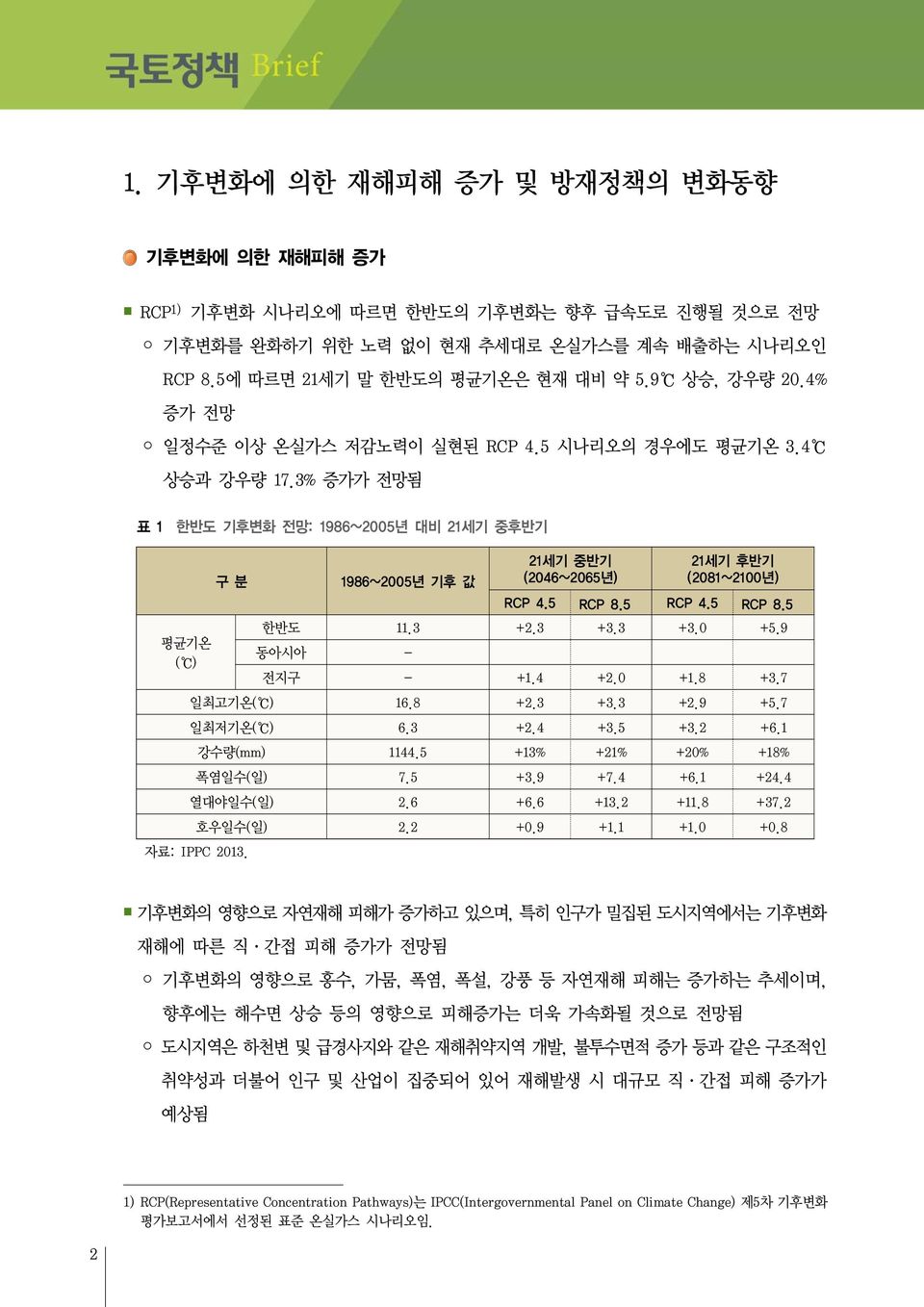 3% 증가가 전망됨 표 1 한반도 기후변화 전망: 1986~2005년 대비 21세기 중후반기 21세기 중반기 (2046~2065년) 21세기 후반기 (2081~2100년) 구 분 1986~2005년 기후 값 RCP 4.5 RCP 8.5 RCP 4.5 RCP 8.5 한반도 11.3 +2.3 +3.3 +3.0 +5.