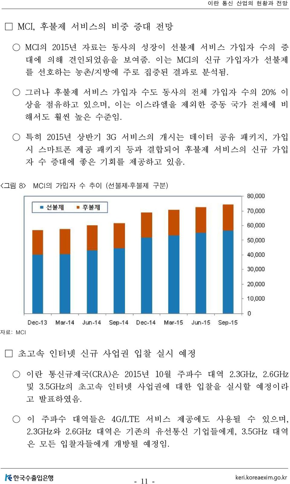 특히 2015년 상반기 3G 서비스의 개시는 데이터 공유 패키지, 가입 시 스마트폰 제공 패키지 등과 결합되어 후불제 서비스의 신규 가입 자 수 증대에 좋은 기회를 제공하고 있음.