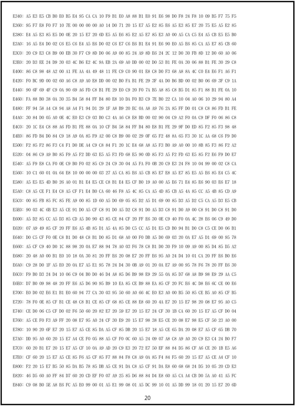 E7 85 CB 60 E3C0: 20 C9 E3 C8 B9 00 EB 30 F7 C9 8D D0 06 A9 00 85 24 A9 8D E6 24 2C 12 D0 30 FB 8D 12 D0 60 A0 06 E3E0: 20 D3 EE 24 D9 30 03 4C B6 E2 4C 9A EB 2A 69 A0 DD 00 02 D0 53 B1 FE 0A 30 06